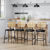 Rattan Bar Stool, Indoor Leather Bar Stools Set of 4, Counter Height Bar Stools with Metal Leg & Rattan Backrest