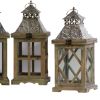 4 Piece Pierced Metal Top Wooden Lantern with Rings; Brown and Silver; DunaWest