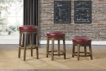 Round Swivel Bar Stools Set of 2, Red Faux Leather 360-degree Swivel Seat Nailhead Trim Solid Wood Frame Brown Finish Furniture