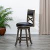 30" Bar Height X-Back Swivel Stool, Weathered Gray Finish, Black Leather Seat