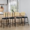 Rattan Bar Stool, Indoor Leather Bar Stools Set of 4, Counter Height Bar Stools with Metal Leg & Rattan Backrest