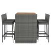 5-pieces Outdoor Patio Wicker Bar Set, Bar Height Chairs With Non-Slip Feet And Fixed Rope, Removable Cushion, Acacia Wood Table Top, Brown Wood And G