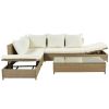 Patio 3-Piece Rattan Sofa Set All Weather PE Wicker Sectional Set with Adjustable Chaise Lounge Frame and Tempered Glass Table, Natural Brown+ Beige C