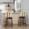 Rattan Bar Stool, Indoor Leather Bar Stools Set of 2, Counter Height Bar Stools with Metal Leg & Rattan Backrest