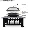 32in 3 in 1Multifunctional Fire Pit Table  Metal Square Patio Firepit Table BBQ Garden Stove with Spark Screen, Cover, Log Grate and Poker for Warmth,