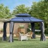 10' x 12' Hardtop Gazebo Canopy with Polycarbonate Double Roof, Aluminum Frame, Permanent Pavilion Outdoor Gazebo with Netting and Curtains for Patio