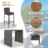 5-pieces Outdoor Patio Wicker Bar Set, Bar Height Chairs With Non-Slip Feet And Fixed Rope, Removable Cushion, Acacia Wood Table Top, Brown Wood And G