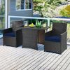 3-Piece Patio Furniture Outdoor Dining Set Brown PE Rattan Navy Blue Cushions