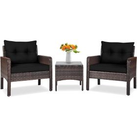 3-Piece Brown PE Rattan Outdoor Dining Patio Furniture Set with Black Cushions