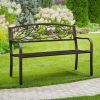 Outdoor Cast Iron Garden Bench in Bronze Metal Finish with Bird Pattern Backrest