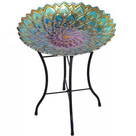 Round 18-inch Peacock Style Glass Mosaic Flower Birdbath with Metal Stand