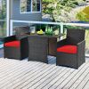 3-Piece Patio Furniture Outdoor Dining Set in Brown PE Rattan with Red Cushions