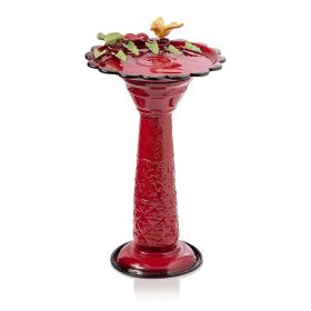 Red Metal Outdoor Garden Patio Birdbath With Decorative Bird Leaf Figurines