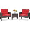 3-Piece Brown PE Rattan Outdoor Dining Patio Furniture Set with Red Cushions