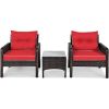 3-Piece Brown PE Rattan Outdoor Dining Patio Furniture Set with Red Cushions