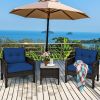 3-Piece Brown PE Rattan Outdoor Dining Patio Furniture Set with Blue Cushions