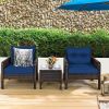 3-Piece Brown PE Rattan Outdoor Dining Patio Furniture Set with Blue Cushions