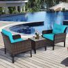 3-Piece Brown PE Rattan Outdoor Patio Furniture Dining Set w/ Turquoise Cushions