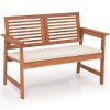 Solid Wood Outdoor Patio Garden Bench w/ Slatted Back Armrests and Seat Cushion