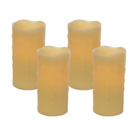 LED Wax Dripping Pillar Candle (Set of 4) 3"Dx6"H Wax/Plastic - 2 C Batteries Not Incld. (Color: Yellow)