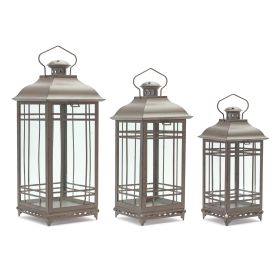 Lantern (Set of 3) 14"H, 17"H, 20"H Metal/Glass (Color: Brown)