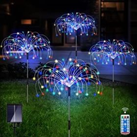 Outdoor Solar Garden Lights;  4 Pack 120 LED Copper Wire Waterproof Solar Garden Fireworks Lamp with Remote;  8 Modes Decorative Sparkles Stake Landsc (Color: Colorful)