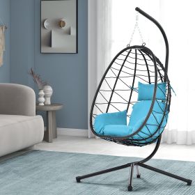 Egg Chair with Stand Indoor Outdoor Swing Chair Patio Wicker Hanging Egg Chair Hanging Basket Chair Hammock Chair with Stand for Bedroom Living Room B (Color: Light Blue)