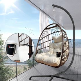 Swing Egg Chair with Stand Indoor Outdoor, UV Resistant Cushion Hanging Chair with Guardrail and Cup Holder (Color: Coffee Brown)