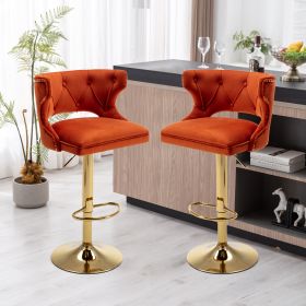 Bar Stools With Back and Footrest Counter Height Dining Chairs-Velvet Orange-2PCS/SET (Color: as Pic)