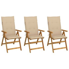 Folding Patio Chairs 3 pcs with Cushions Solid Acacia Wood (Color: Beige)