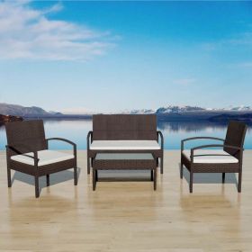 4 Piece Patio Lounge Set with Cushions Poly Rattan Brown (Color: Brown)