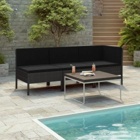 3 Piece Patio Lounge Set with Cushions Poly Rattan Black (Color: Black)