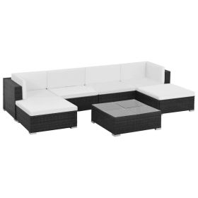 7 Piece Patio Lounge Set with Cushions Poly Rattan Black (Color: Black)