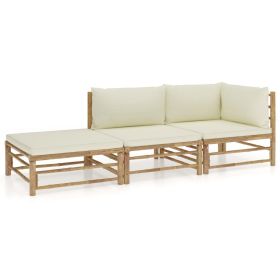 3 Piece Patio Lounge Set with Cream White Cushions Bamboo (Color: Brown)