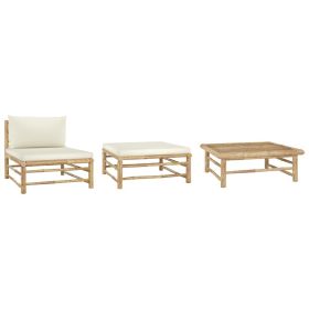 3 Piece Garden Lounge Set with Cream White Cushions Bamboo (Color: Brown)