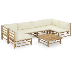 7 Piece Garden Lounge Set with Cream White Cushions Bamboo (Color: Brown)