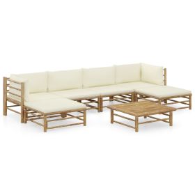 7 Piece Patio Lounge Set with Cream White Cushions Bamboo (Color: Brown)