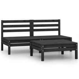 3 Piece Patio Lounge Set Solid Pinewood Black (Color: Black)