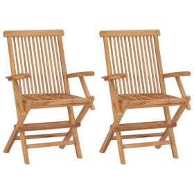 Folding Patio Chairs 2 pcs Solid Teak Wood (Color: Brown)