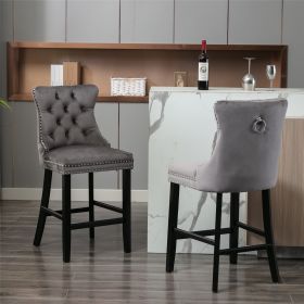 A&A Furniture,Contemporary Velvet Upholstered Barstools with Button Tufted Decoration and Wooden Legs, and Chrome Nailhead Trim (Color: as Pic)