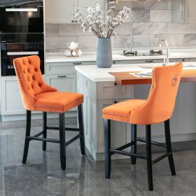 Contemporary Velvet Upholstered Barstools with Button Tufted Decoration and Wooden Legs; and Chrome Nailhead Trim; Leisure Style Bar Chairs; Bar stool (Color: as Pic)