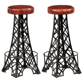 Bar Stools 2 pcs Real Leather (Color: Brown)