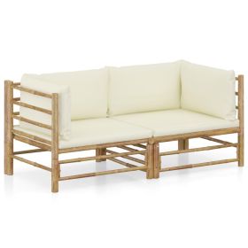 2 Piece Patio Lounge Set with Cream White Cushions Bamboo (Color: Brown)