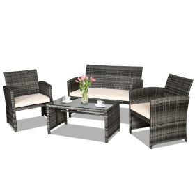 4 Pieces Patio Rattan Furniture Set with Glass Table and Loveseat (Color: White)