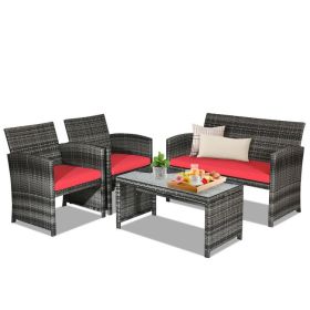 4 Pieces Patio Rattan Furniture Set with Glass Table and Loveseat (Color: Red)