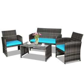 4 Pieces Patio Rattan Furniture Set with Glass Table and Loveseat (Color: Turquoise)