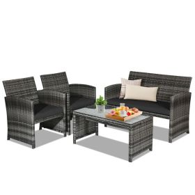 4 Pieces Patio Rattan Furniture Set with Glass Table and Loveseat (Color: Gray Rattan)