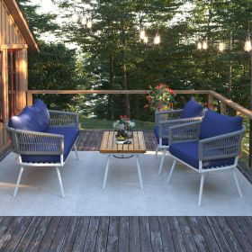 4-Piece Patio Furniture Set, Outdoor Furniture with Acacia Wood Table (Color: Navy blue)