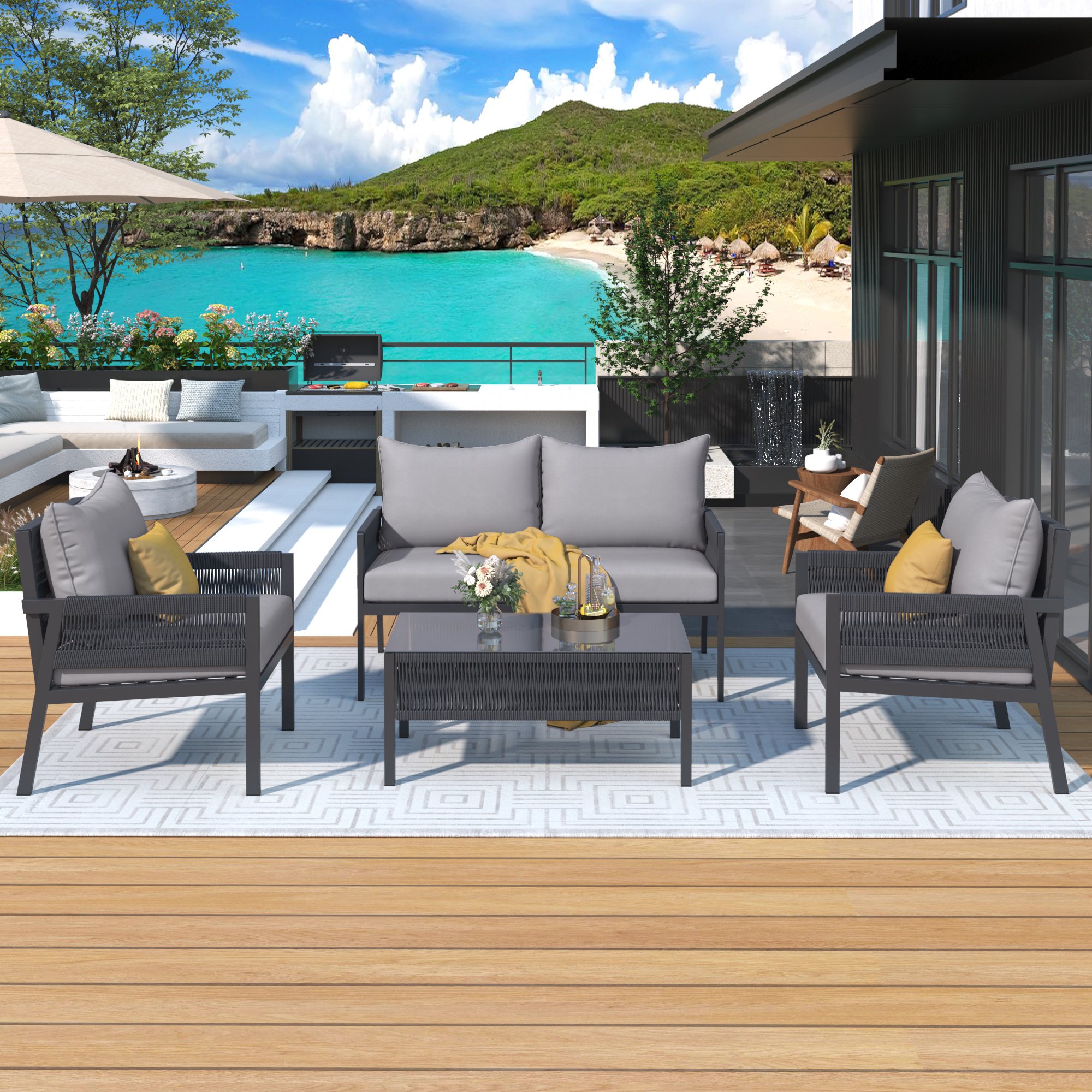 4-Piece Rope Patio Furniture Set, Outdoor Furniture with Tempered Glass Table 4-Piece Rope Patio Furniture Set, Outdoor Furniture with Tempered Glass Table