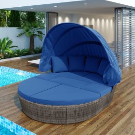 GO Outdoor rattan daybed sunbed with Retractable Canopy Wicker Furniture, Round Outdoor Sectional Sofa Set (Color: as Pic)